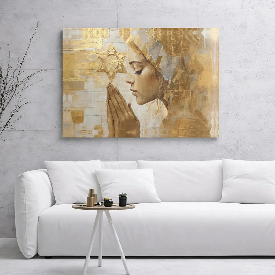 Jewish Praying Woman Wall Art | Gold Star of David Abstract Canvas | 1.25-Inch Gallery Wrap Print | Spiritual Home Decor Gift
