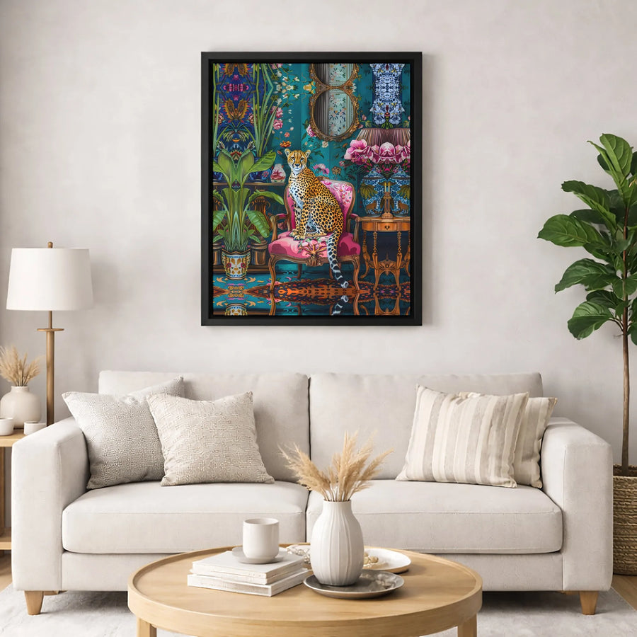 Cheetah Wall Art Canvas | Maximalist Botanical Jungle Home Decor | Premium Gallery Wrap Print | Whimsical Animal Portrait Gift