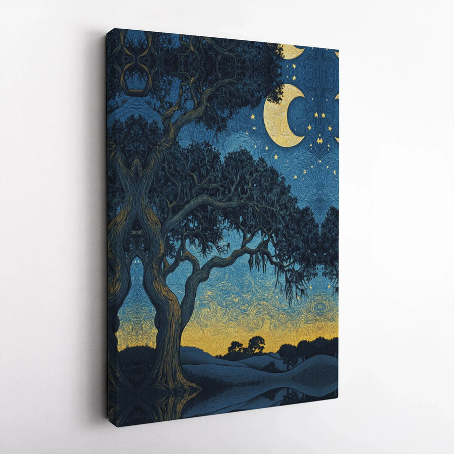 Starry Night Oak Tree Canvas Print | Impressionist Moonlit Landscape Wall Art | Gallery Wrapped Premium Material | Aesthetic Home Decor Gift