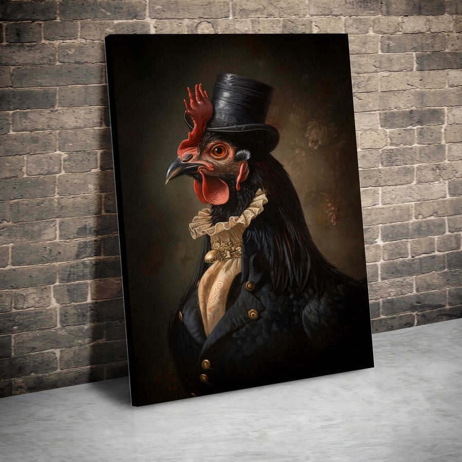 Victorian Rooster Canvas Art | Gentleman Chicken in Top Hat Portrait | Premium Gallery Wrap Wall Decor | Whimsical Farmhouse Office Gift