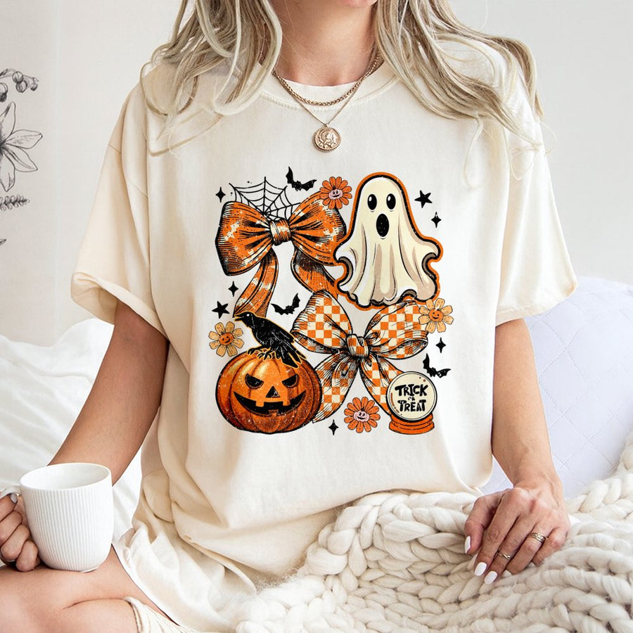 Halloween Ghost Coquette T-Shirt | Retro Spooky Pumpkin Bow Graphic | 100% Premium Cotton Tee | Cute Fall Aesthetic Gift for Her