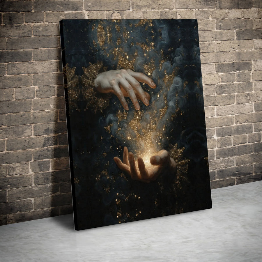 Mystical Hands Canvas Wall Art | Cosmic Stardust & Divine Light | Premium High-Resolution Print | Spiritual Decor Collector Gift