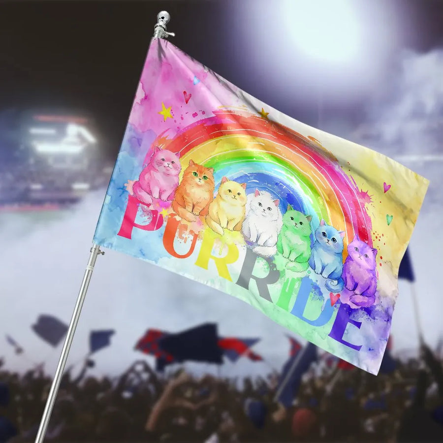 Purride Cat House Flag | Watercolor Rainbow Kittens Design | Weather Resistant Polyester | LGBTQ Pride Month Decor Gift for Cat Lover