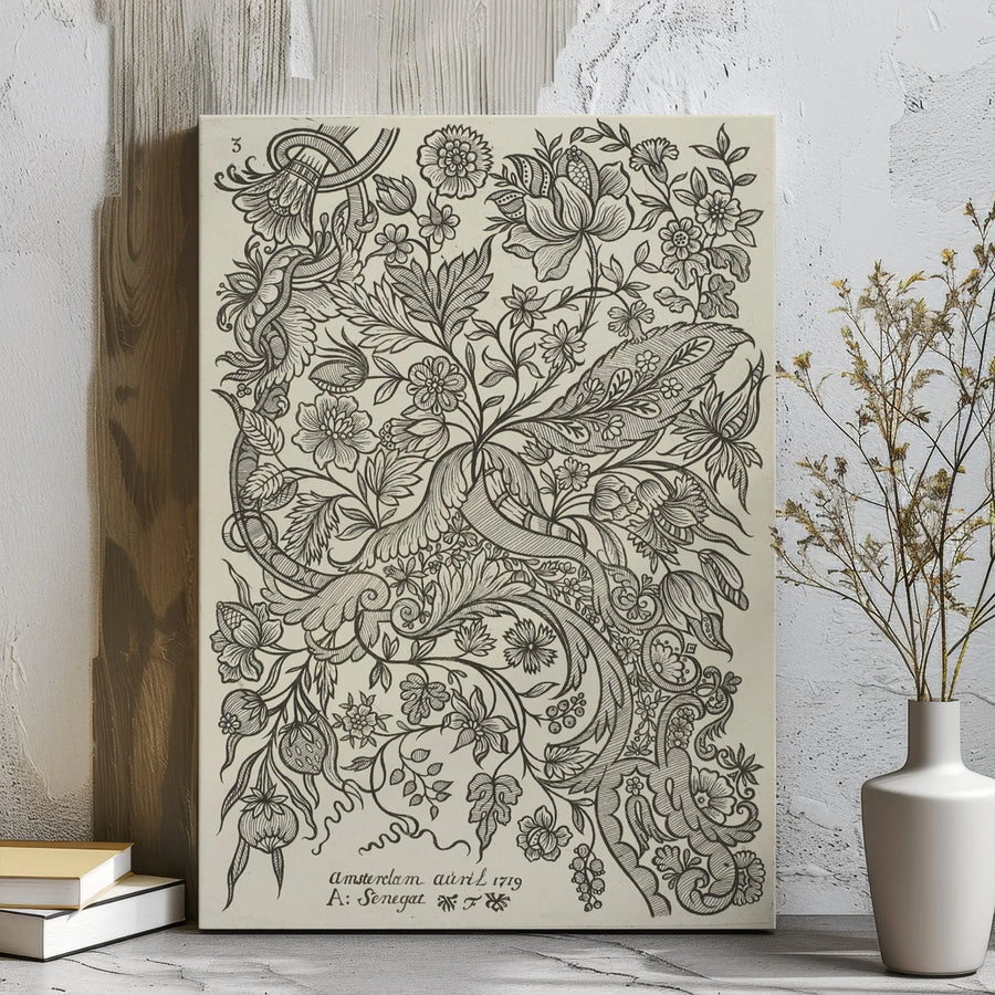 Vintage Botanical Line Art Canvas | Amsterdam 1719 Floral Illustration | Gallery Wrapped Premium Wall Decor | Historic Artistic Print for Home Office
