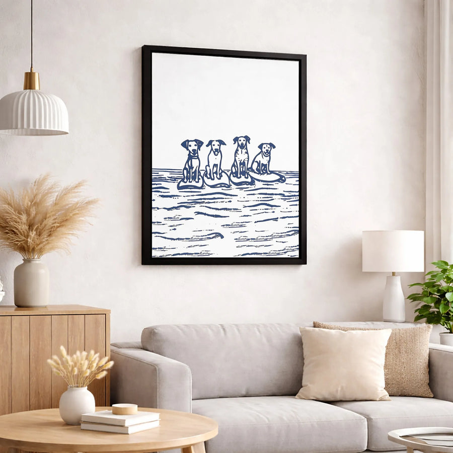 Dog Surfing Wall Art | Linocut Style Four Dogs Print | Premium Gallery Wrapped Canvas | Coastal Home Decor Gift for Dog Lovers