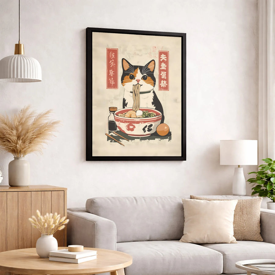 Calico Cat Eating Ramen Canvas Wall Art | Japanese Ukiyo-E Inspired Print | 1.25" Premium Gallery Wrap | Kawaii Kitchen Decor Gift for Cat Lovers