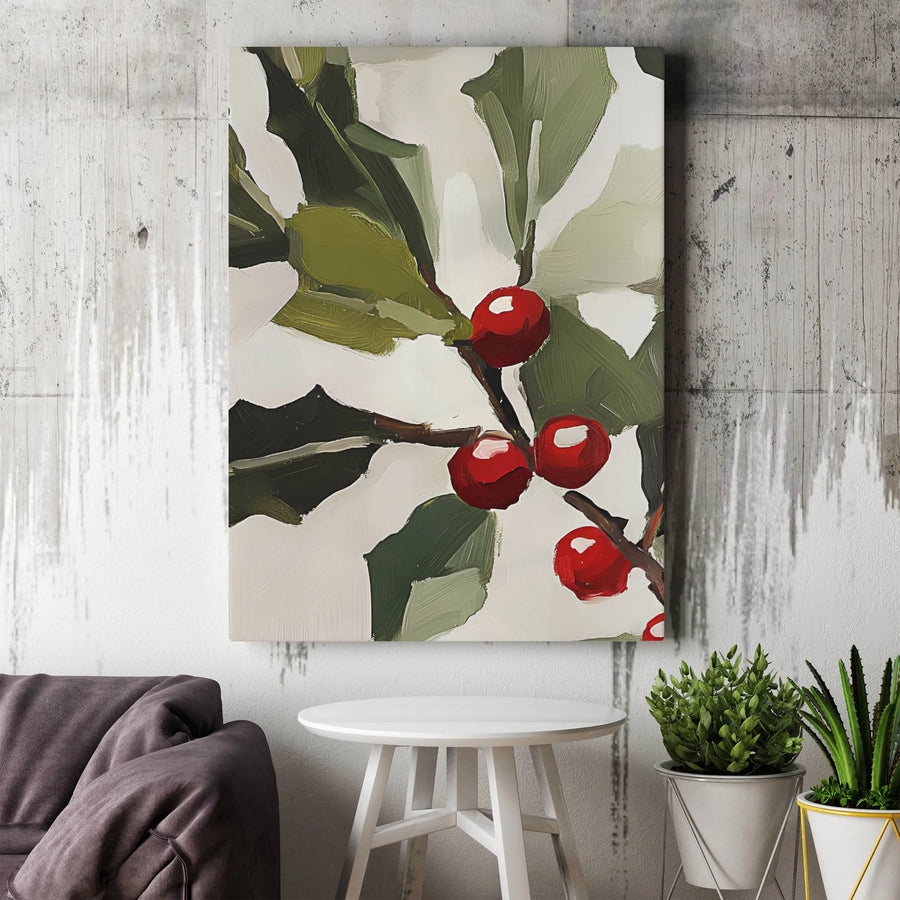 Abstract Christmas Holly Canvas Wall Art | Minimalist Red Berry Botanical Print | Gallery-Quality 1.25" Profile | Holiday Home Decor Gift