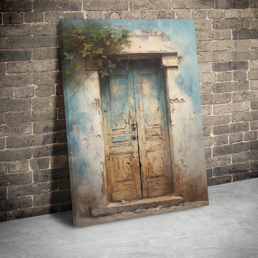 Rustic Blue Door Canvas Print | Weathered Architectural Wall Art | 1.25 Inch Gallery Wrap | Vintage Mediterranean Home Decor