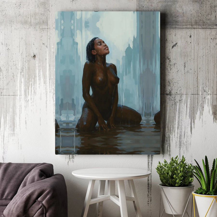 Black Woman Art Canvas Print | Expressive Figurative Painting in Rain | Premium Gallery Wrapped Canvas | Modern Home Decor Gift for Art Collector