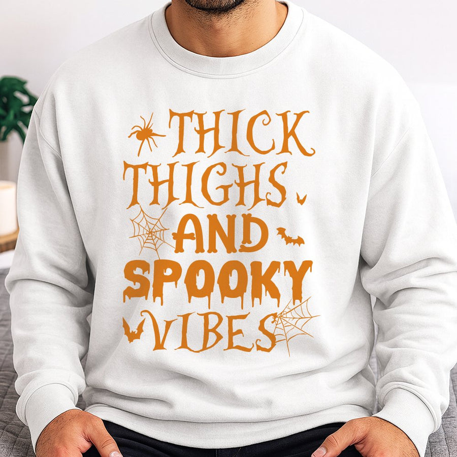 Thick Thighs And Spooky Vibes Sweatshirt | Funny Halloween Graphic Print | Premium Cotton Blend Crewneck | Cute Fall Gift For Women