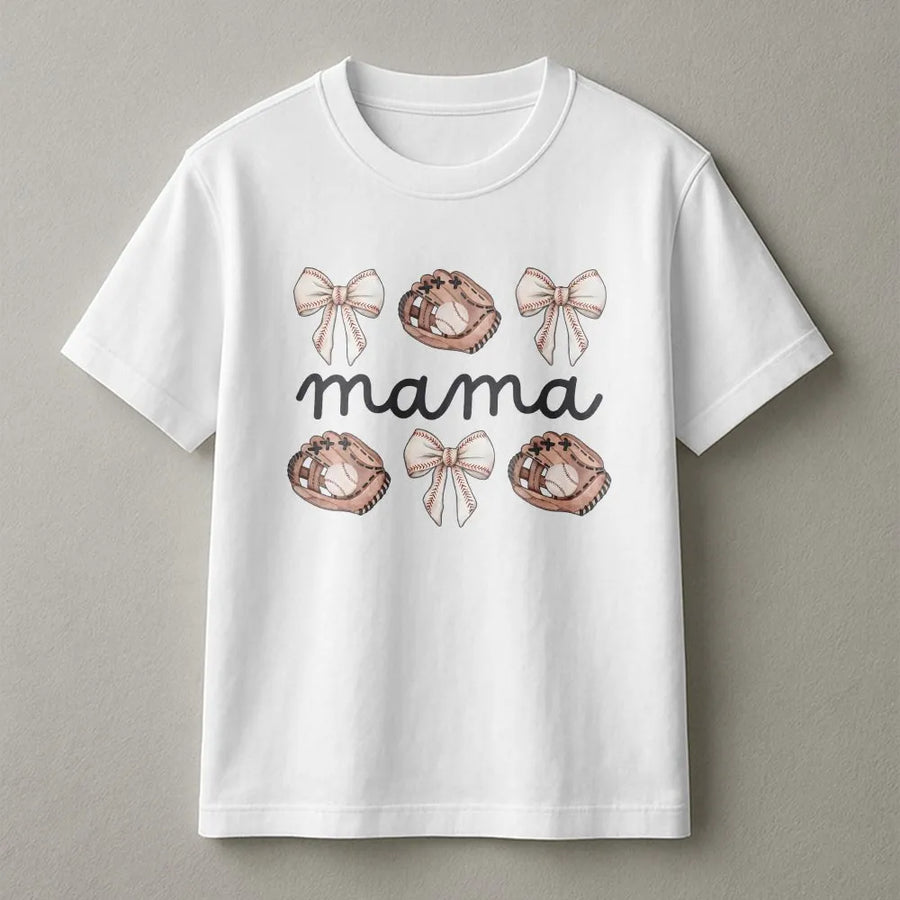 Baseball Mama T-Shirt | Coquette Bows & Gloves Game Day Graphic | Soft Cotton Blend Crewneck | Gift for Sports Mom
