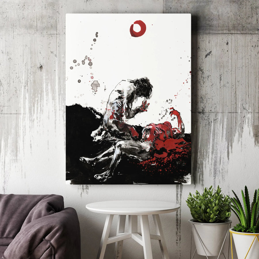 Japanese Ink Wash Canvas Art | Abstract Samurai Battle Painting | Premium 1.25" Gallery Wrapped Canvas | Modern Sumi-e Style Wall Decor Gift