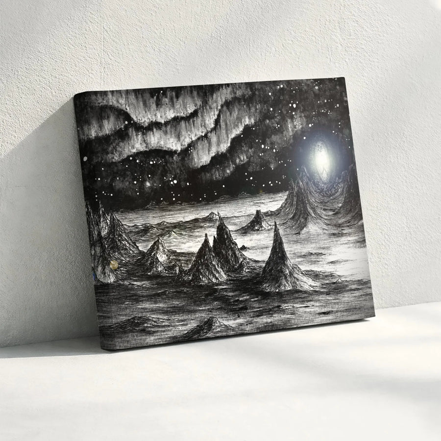 Surreal Landscape Canvas Print | Black and White Cosmic Scenery | Premium Gallery Wrap Canvas | Gift for Sci-Fi & Fantasy Fans