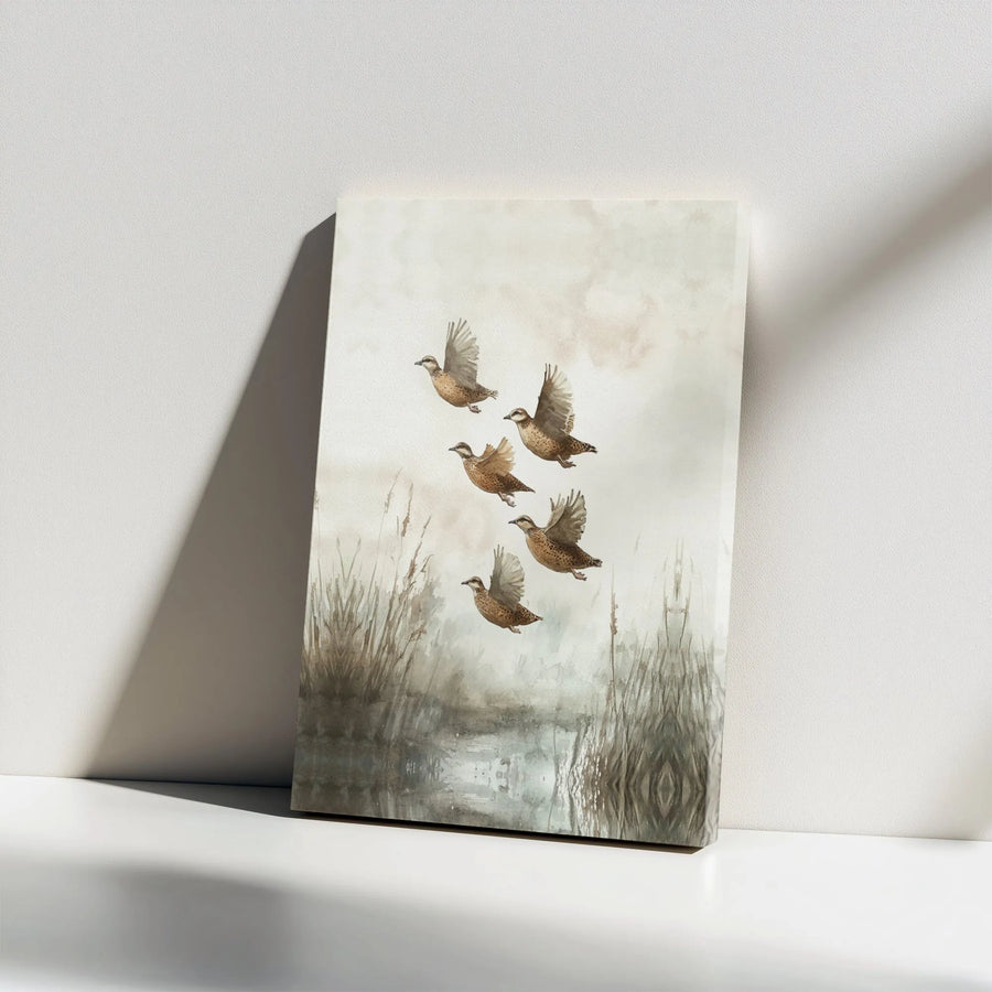 Flying Duck Flock Canvas Print | Watercolor Marsh Wildlife Wall Art | Gallery Wrapped Premium Decor | Nature Lover Living Room Gift
