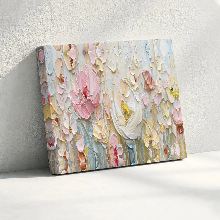 Textured Floral Horizontal Canvas | Abstract Pastel Impasto Flower Wall Art | 1.25" Gallery Wrapped Premium Print | Modern Aesthetic Home Decor Gift