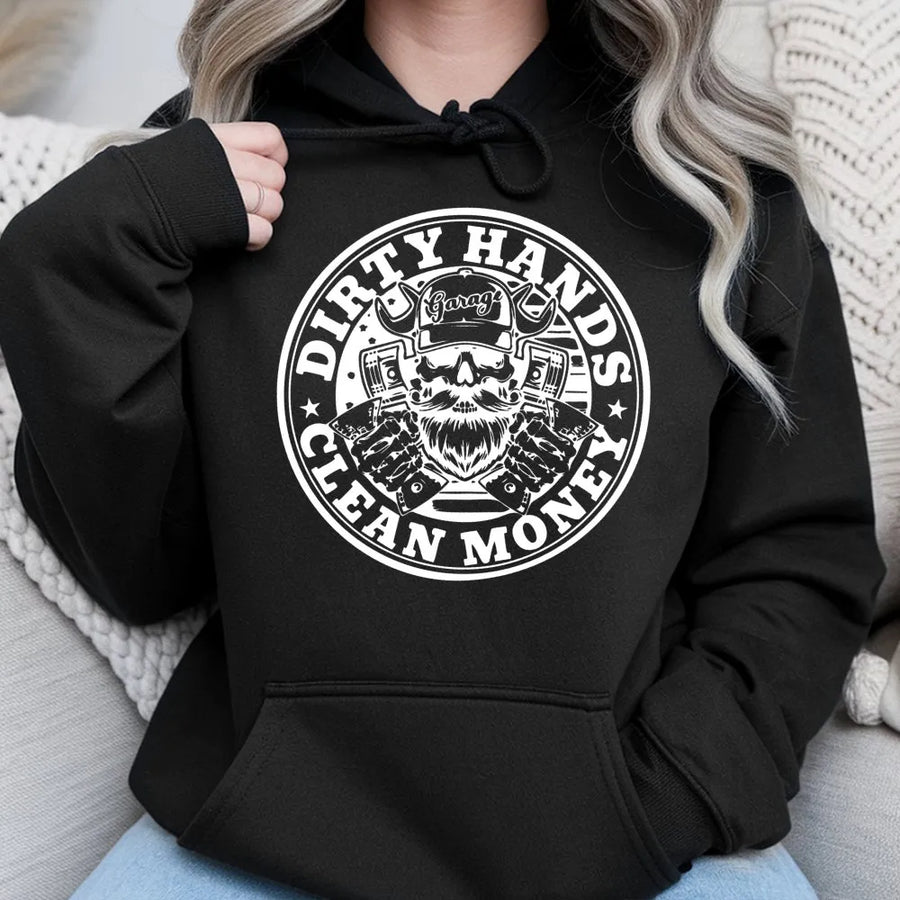 Dirty Hands Clean Money Hoodie | Mechanic Skull Garage Graphic | Premium Cotton Blend | Gift For Blue-Collar Workers and Dads