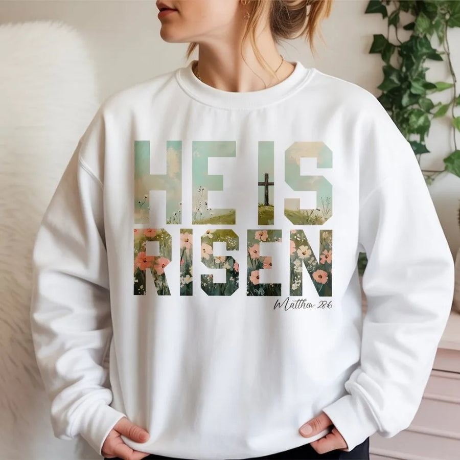 He Is Risen Sweatshirt | Wildflower Easter Christian Cross Design | Premium Cotton Blend Crewneck | Religious Gift for Women and Men