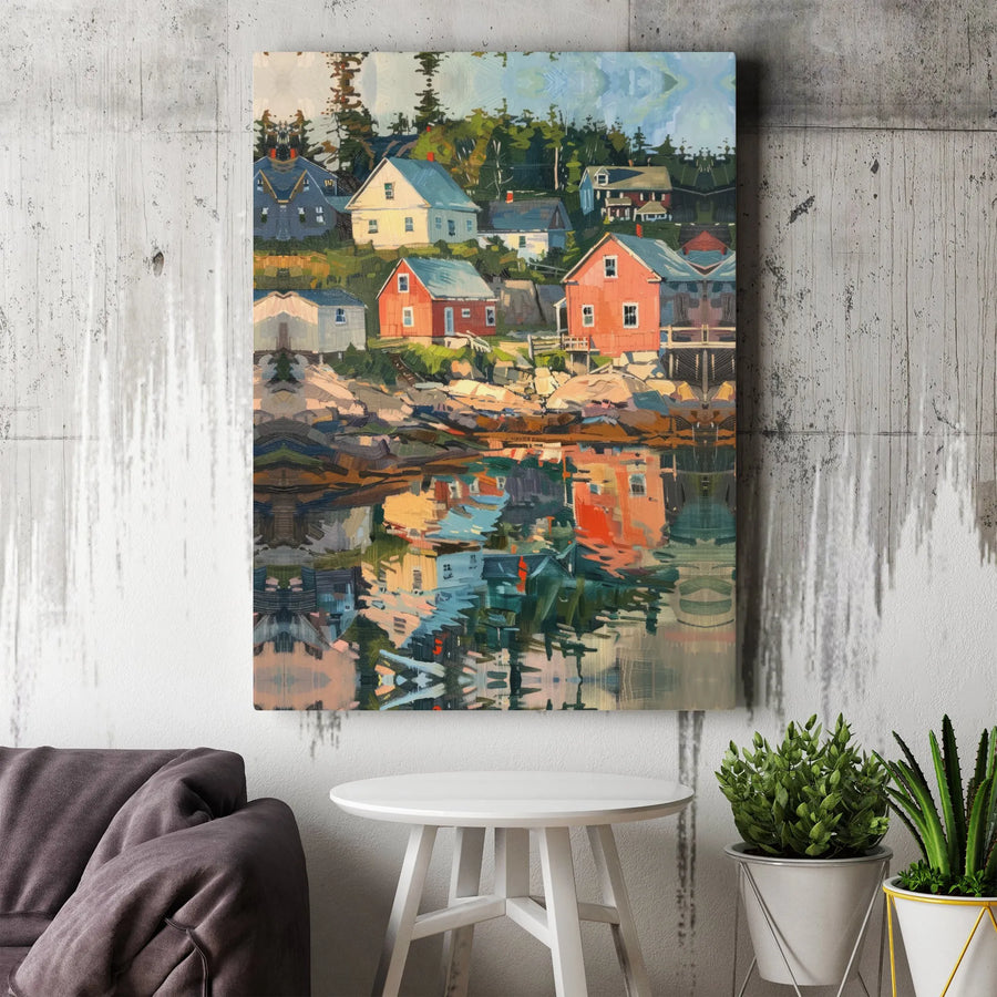 Coastal Village Canvas Wall Art | Impressionist Seaside Landscape Print | Premium Gallery Wrapped Canvas | Nautical Home Decor Gift for Art Lovers