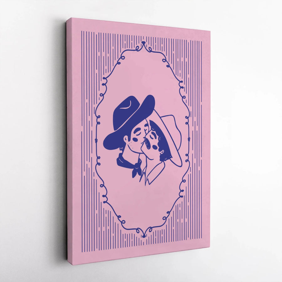 Kissing Cowboys Wall Art | Retro Pink Western Illustration | Premium Gallery Wrap Canvas | Romantic LGBTQ Pride Home Decor Gift