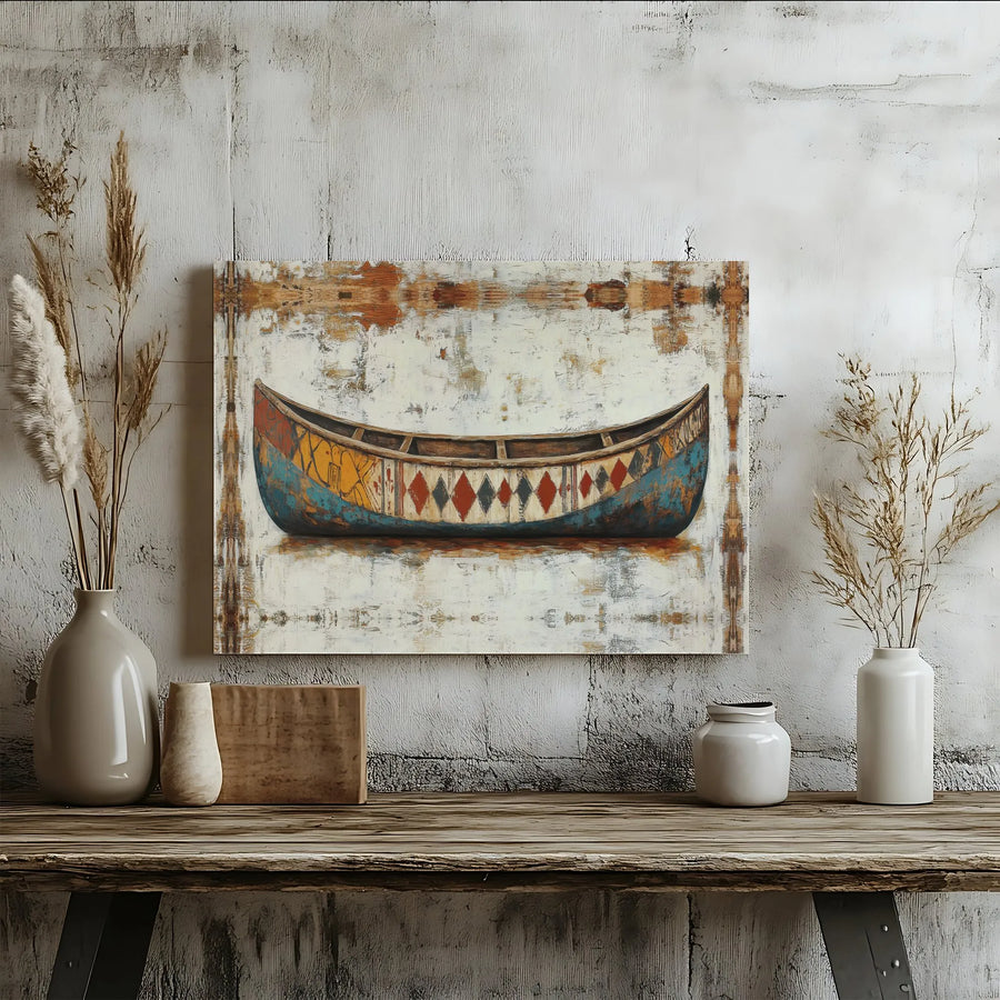 Rustic Canoe Wall Art | Indigenous Inspired Geometric Design | Premium Canvas Print | Rustic Cabin & Lake House Decor