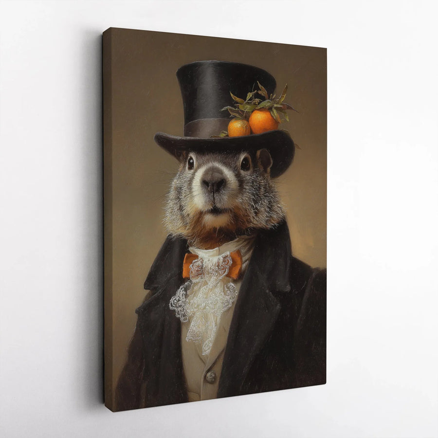 Groundhog Portrait Canvas Wall Art | Dapper Gentleman In Top Hat | Premium Gallery Wrapped Decor | Whimsical Animal Home Decor Gift For Wildlife Lovers