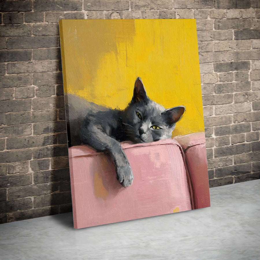 Grey Cat Oil Painting Print | Relaxing Pet Wall Art | 1.25-Inch Premium Gallery Canvas | Aesthetic Home Decor Gift for Cat Lovers