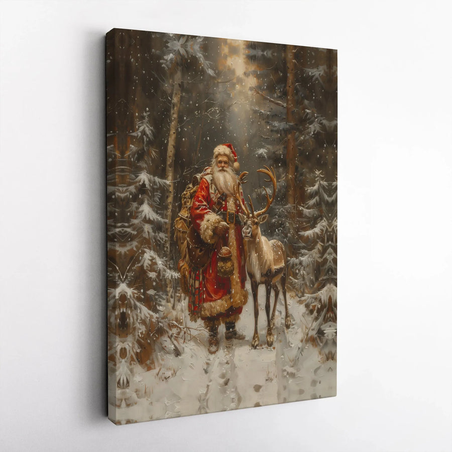 Vintage Santa Claus Wall Art | Snowy Forest Reindeer Print | Premium 1.25-Inch Gallery Canvas | Christmas Home Decor Gift