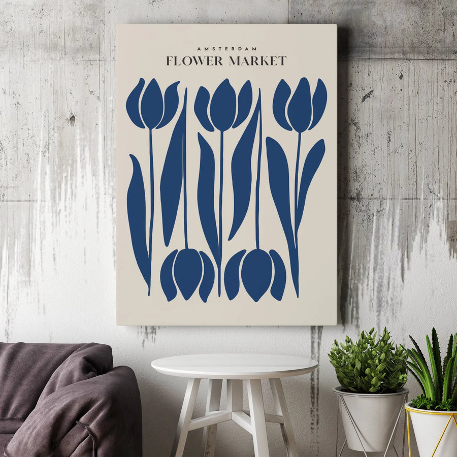 Amsterdam Flower Market Canvas Wall Art | Blue Tulip Botanical Illustration | Premium Gallery Wrapped Decor | Modern Minimalist Home Gift