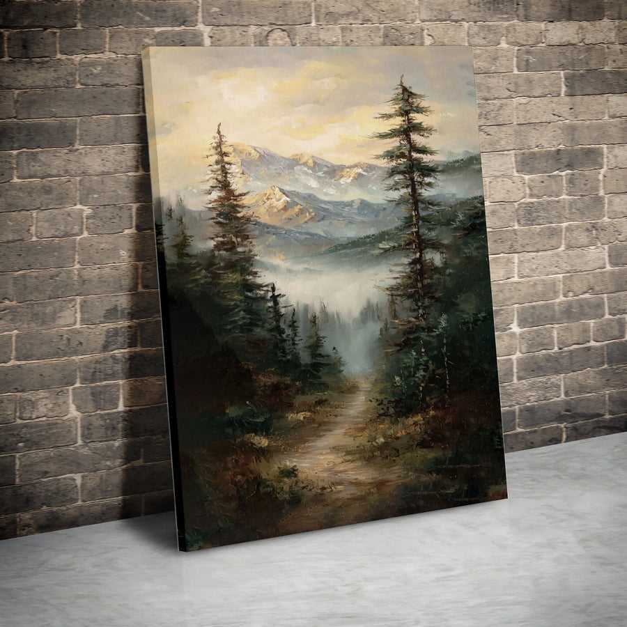Misty Mountain Forest Canvas Wall Art | Moody Landscape Oil Painting Print | Premium 1.25-Inch Gallery Wrap | Nature-Inspired Home Office Decor