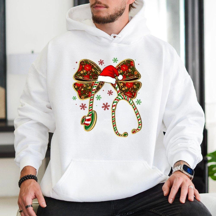 Christmas Nurse Hoodie | Stethoscope Bow Holiday Design | Soft Cotton-Poly Blend | Gift For Nurse Student RN Nursing School