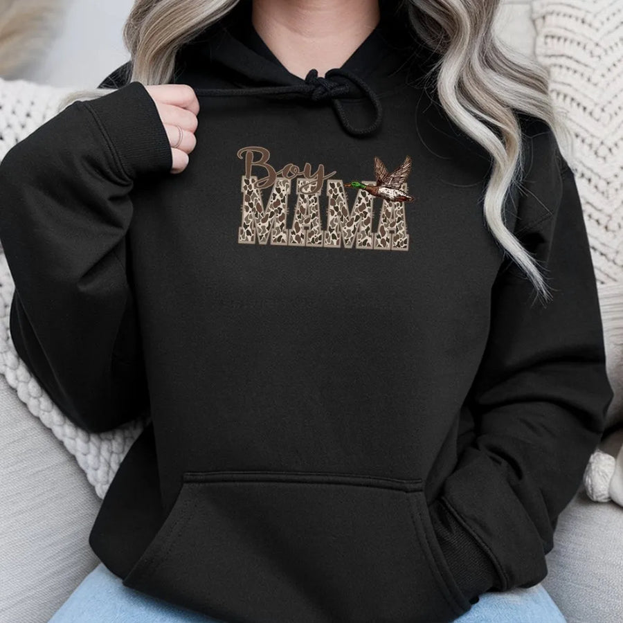 Boy Mama Hoodie | Duck Hunting Camo Print Design | Premium Soft Cotton Blend | Gift for Outdoor Mom and Wildlife Enthusiasts