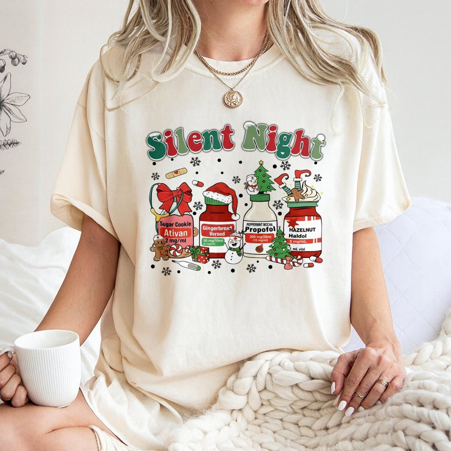 Silent Night Nurse Christmas T-Shirt | Funny ICU Meds Graphic Tee | 100% Cotton Premium Quality | Unique Medical Professional Holiday Gift