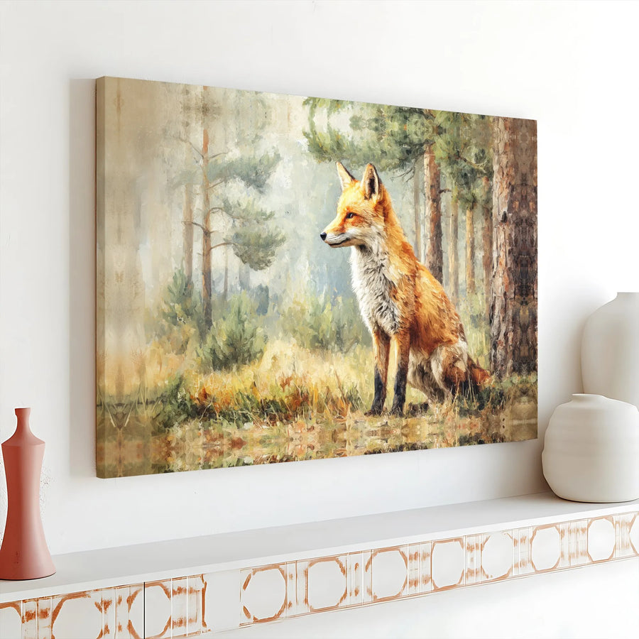 Red Fox Canvas Wall Art | Misty Pine Forest Painting | Premium Gallery Wrap Print | Nature Inspired Home Decor Gift