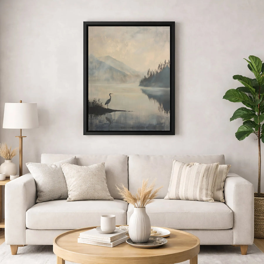 Heron Wall Art | Misty Lake Mountain Landscape Print | Premium 1.25" Gallery Canvas | Nature Lover Gift Home Decor
