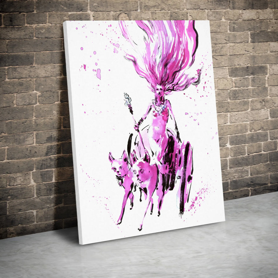 Goddess with Wolves Canvas Wall Art | Surreal Pink Watercolor Fantasy Print | 1.25-Inch Gallery Wrap | Mythological Home Decor Gift