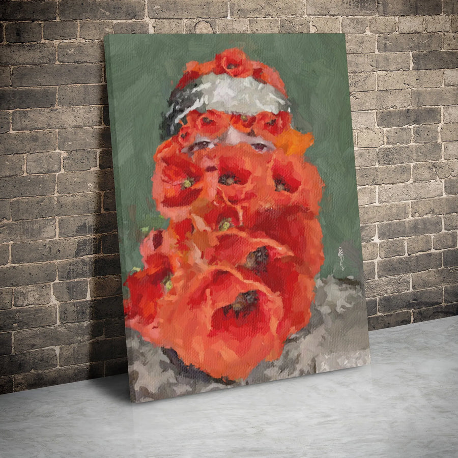 Surrealist Red Poppy Flower Portrait Canvas | Abstract Bearded Man Oil Painting Style | Premium 1.25" Gallery Wrap | Unique Modern Wall Art for Home Decor