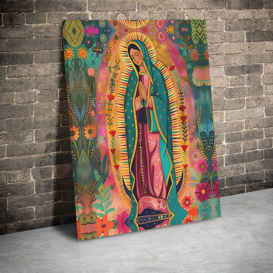 Virgen De Guadalupe Wall Art | Colorful Folk Art Canvas Print | Premium 1.25-inch Gallery Wrap | Catholic Home Decor Gift for Faith and Spiritual Inspiration