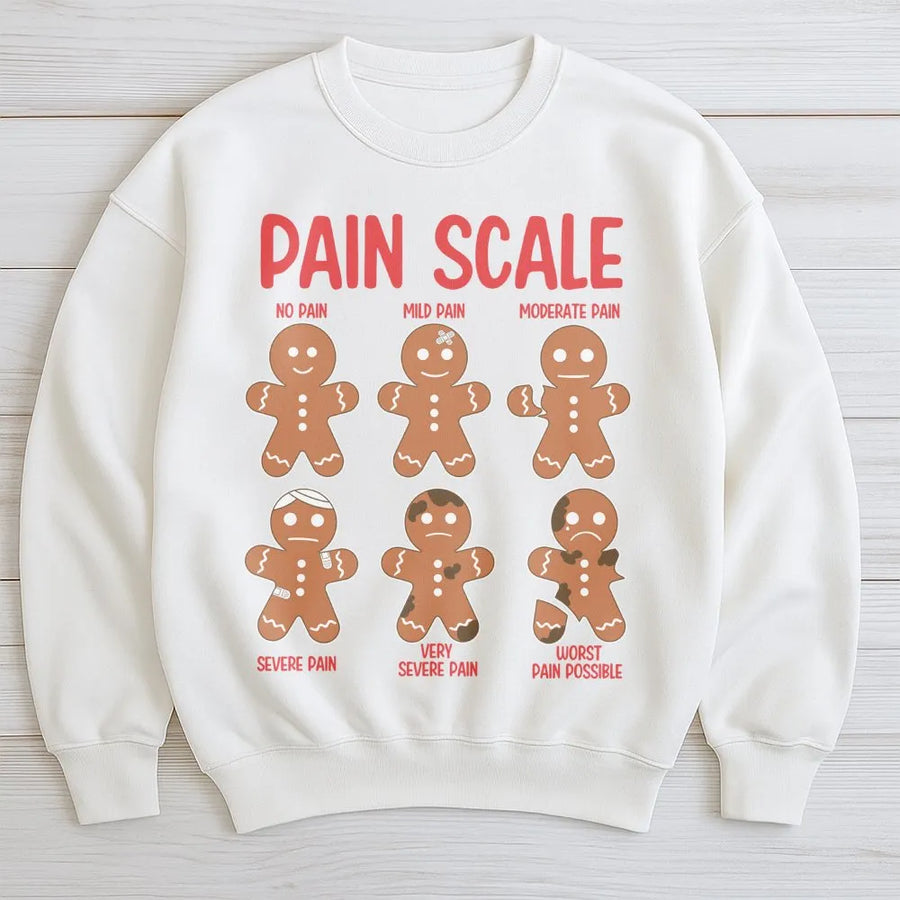 Pain Scale Gingerbread Sweatshirt | Funny Medical Nurse Christmas Sweater | Premium Cotton Blend Crewneck | Holiday Gift For Nurses and Students