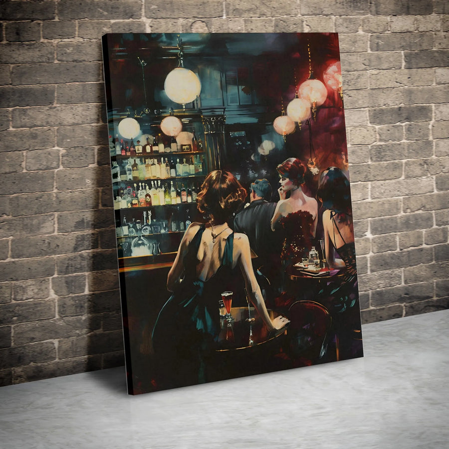 Vintage Speakeasy Vertical Canvas | Retro Moody Bar Scene Painting Print | Premium 1.25” Gallery Wrap | Sophisticated Home Bar Gift for Lounge Decor