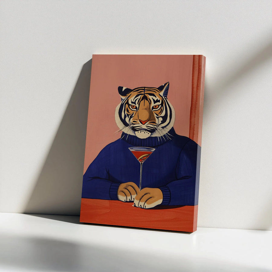 Tiger Canvas Wall Art | Dapper Tiger in Blue Turtleneck with Martini | Gallery Wrap Premium Print | Unique Modern Living Room Decor