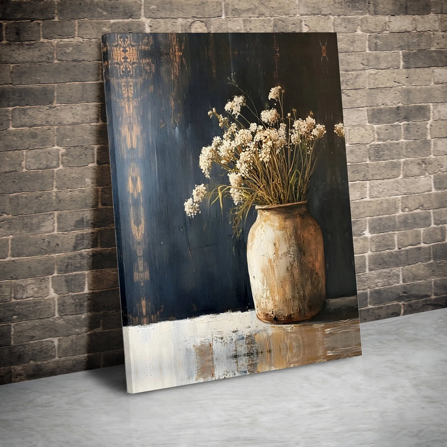 Rustic Floral Canvas Wall Art | Still Life Dried Flowers in Clay Vase | Premium Gallery-Wrapped Print | Farmhouse Home Decor for Living Room