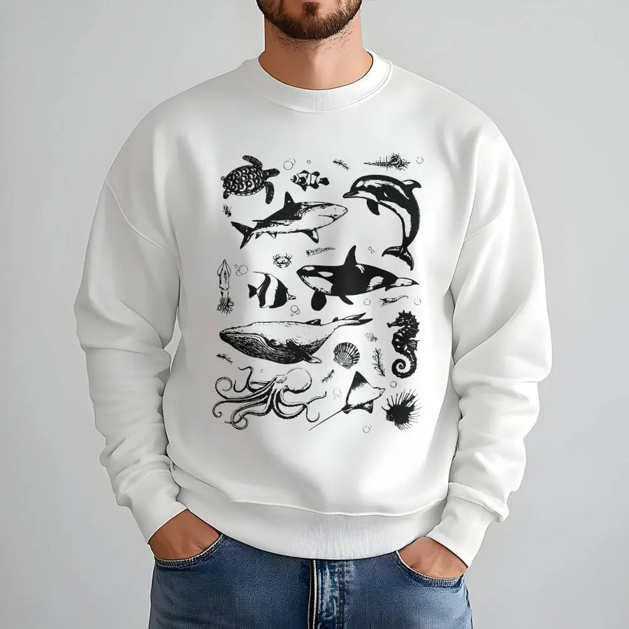 Ocean Animals Sweatshirt | Vintage Marine Life Tattoo Graphic | Premium Cotton Blend | Gift for Ocean Lover