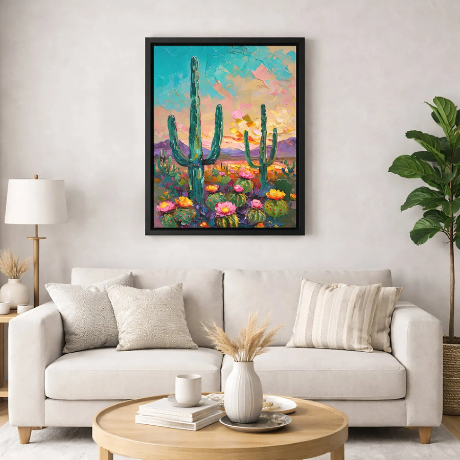 Desert Landscape Canvas Wall Art | Colorful Saguaro Cactus Impasto Painting | Premium Gallery Wrapped Decor | Southwestern Gift For Home