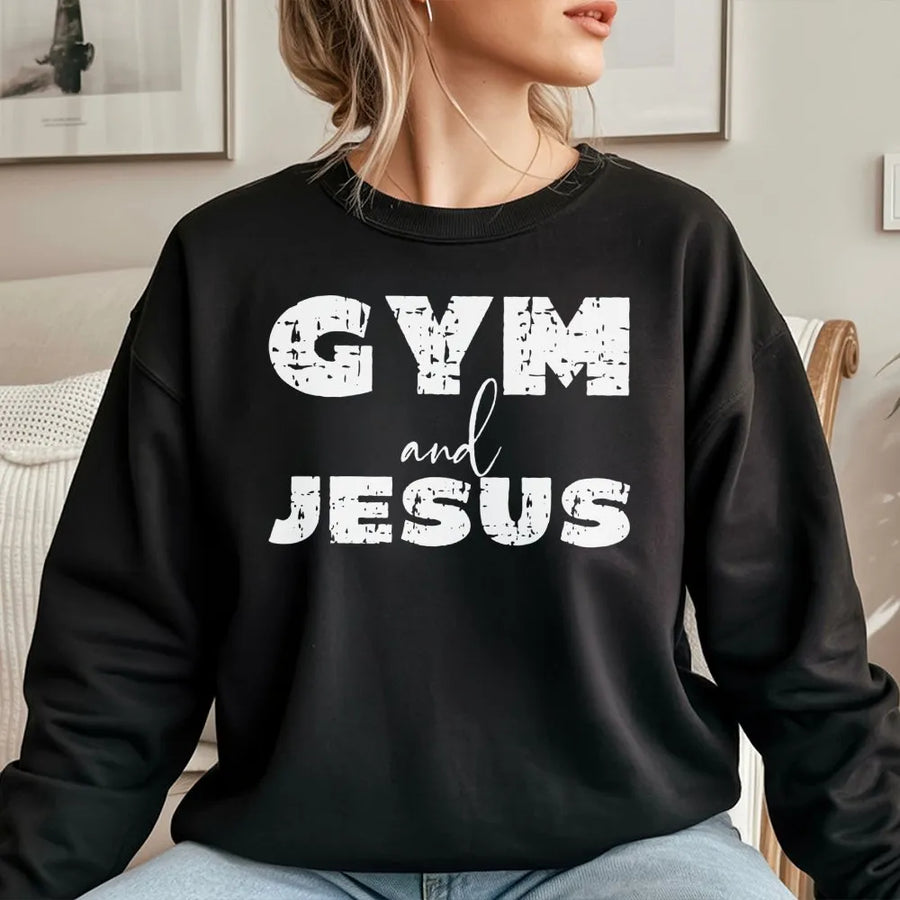Gym and Jesus Sweatshirt | Distressed Faith Fitness Apparel | Premium Cotton Blend Crewneck | Inspirational Christian Workout Gift for Him and Her
