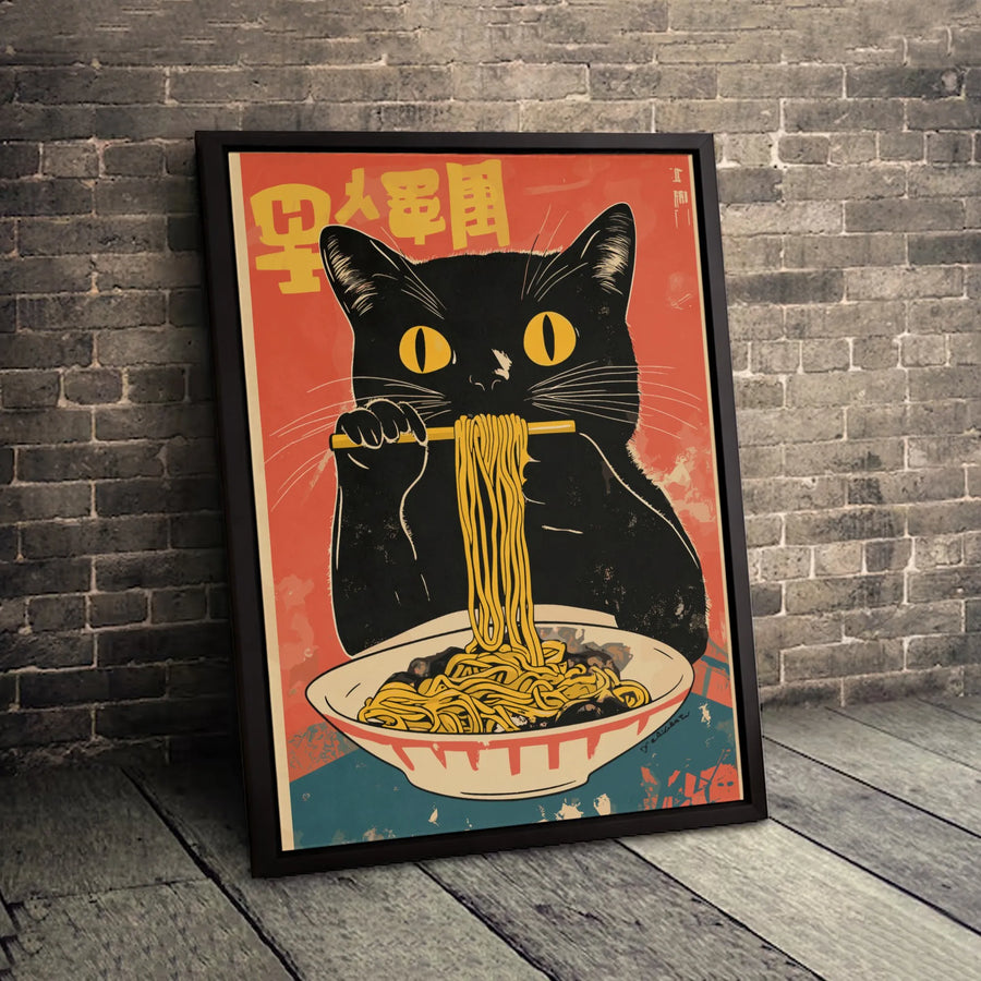 Black Cat Ramen Canvas Wall Art | Vintage Japanese Style Anime Poster | Premium 1.25-Inch Gallery Wrap | Funny Kitchen Decor Gift for Cat Lovers
