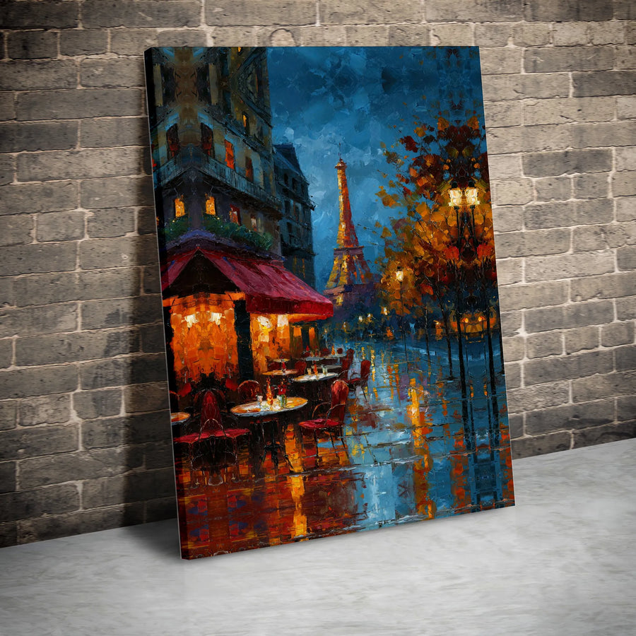 Paris Street Cafe Canvas Art | Rainy Impressionist Eiffel Tower Painting | Gallery-Quality 1.25" Thick Print | Elegant Home Office Decor Gift