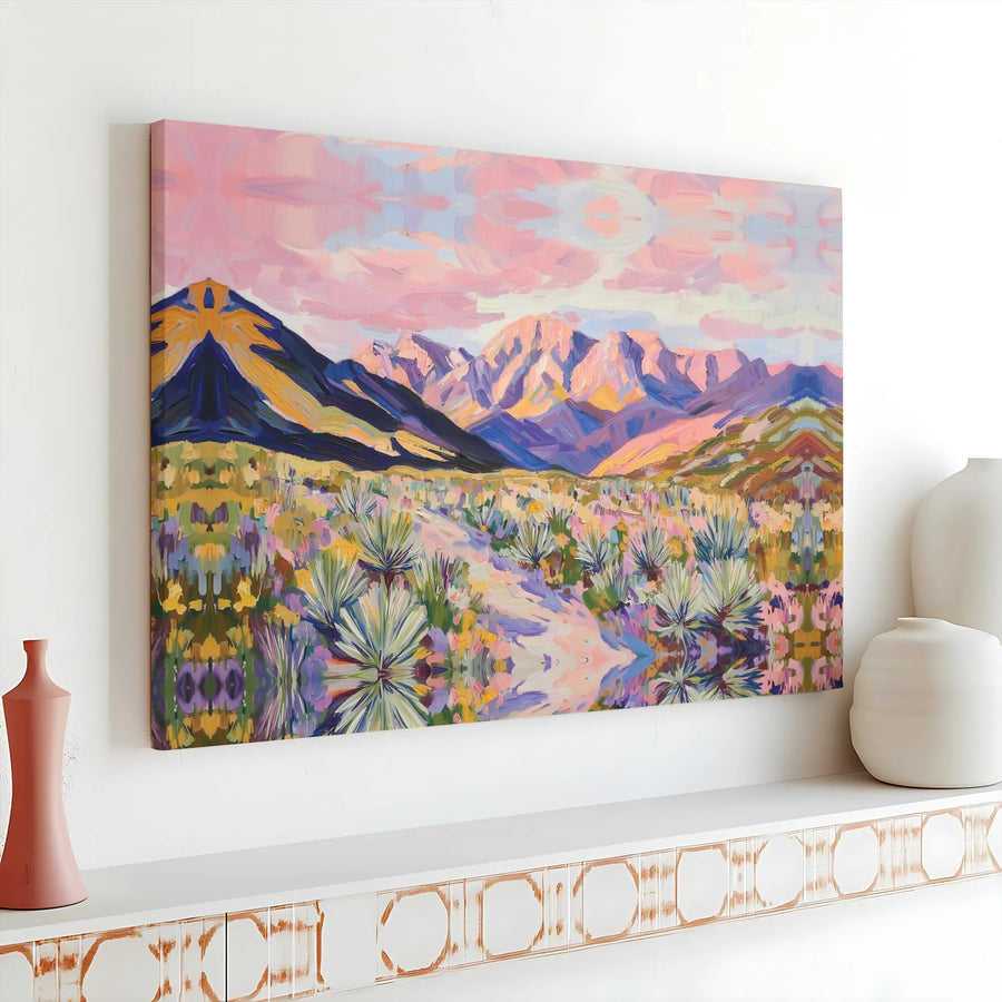Desert Landscape Canvas Wall Art | Symmetrical Mountain Sunset Print | Premium Gallery Wrap Decor | Modern Southwest Home Living Room Gift