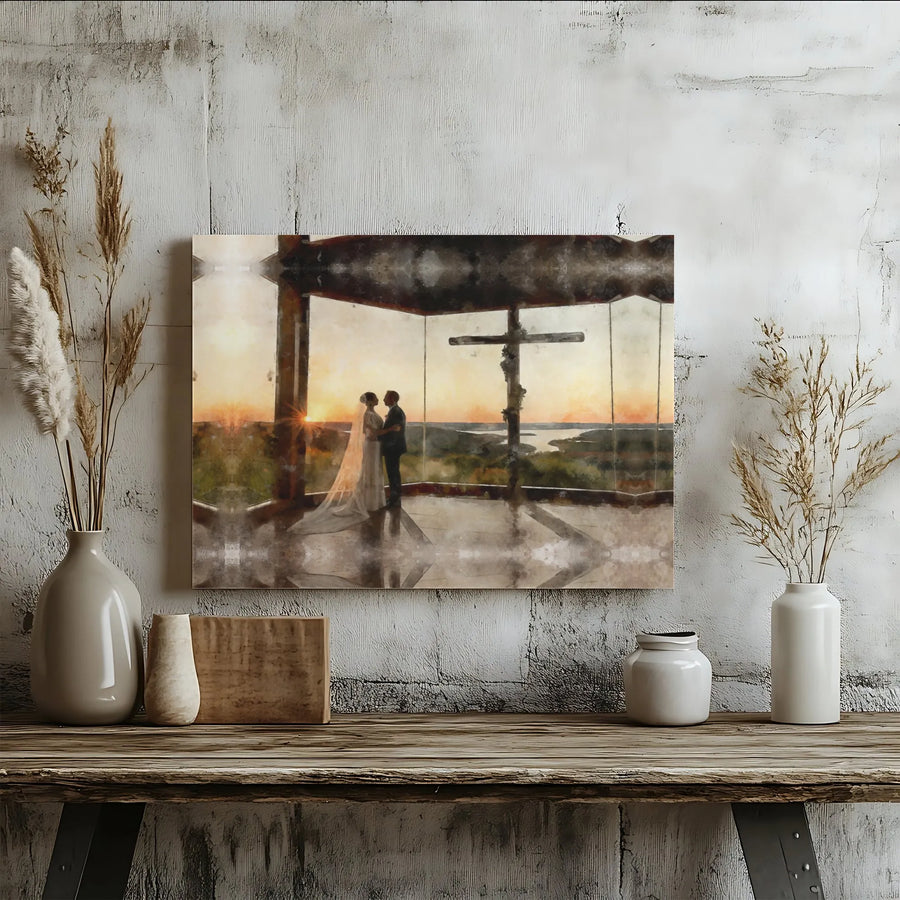 Wedding Couple Canvas Print | Sunset Cross Religious Art | Premium Gallery Wrapped Wall Decor | Christian Wedding Anniversary Gift For Couple