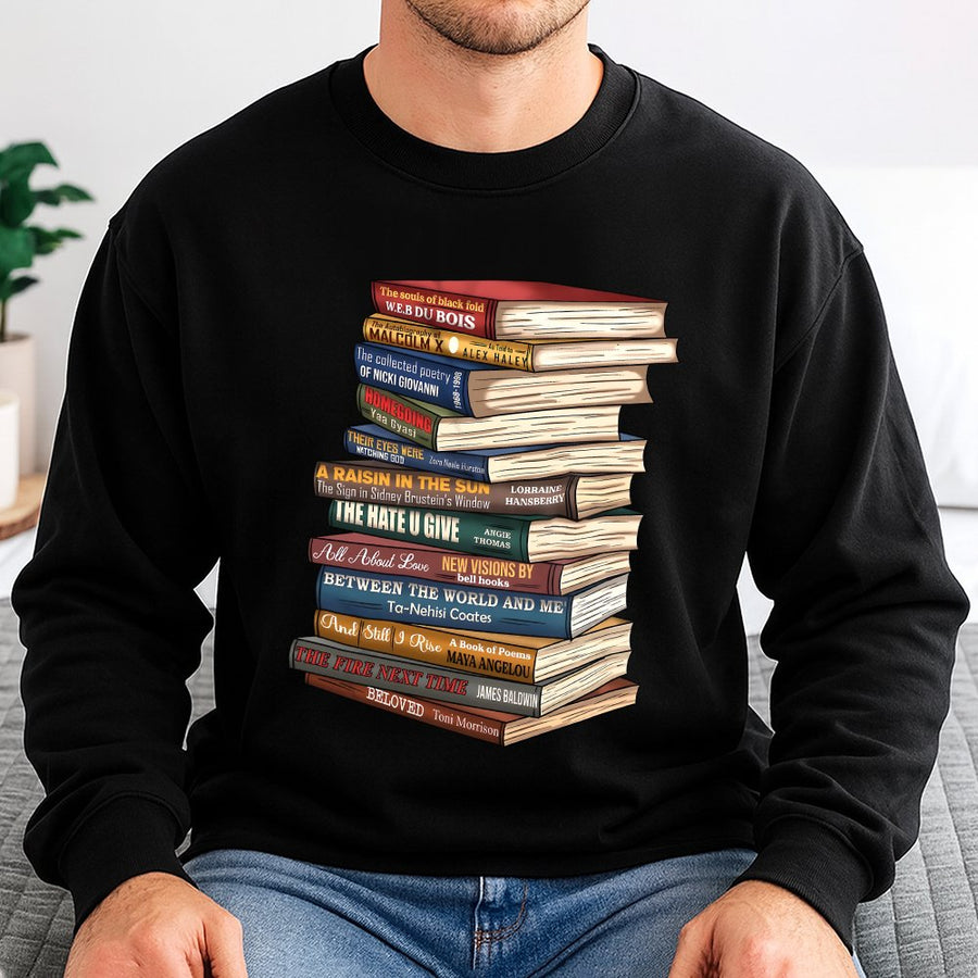 Black History Books Sweatshirt | Literary Stack Reading Graphic | Premium Cotton Blend Crewneck | Gift for Readers and Teachers