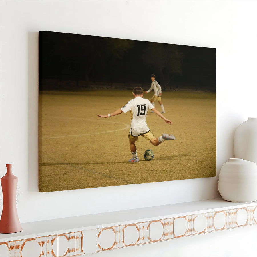 Soccer Action Canvas Wall Art | Night Game Player Number 19 | Premium Gallery Wrap Print | Sports Decor Gift for Athletes and Fans